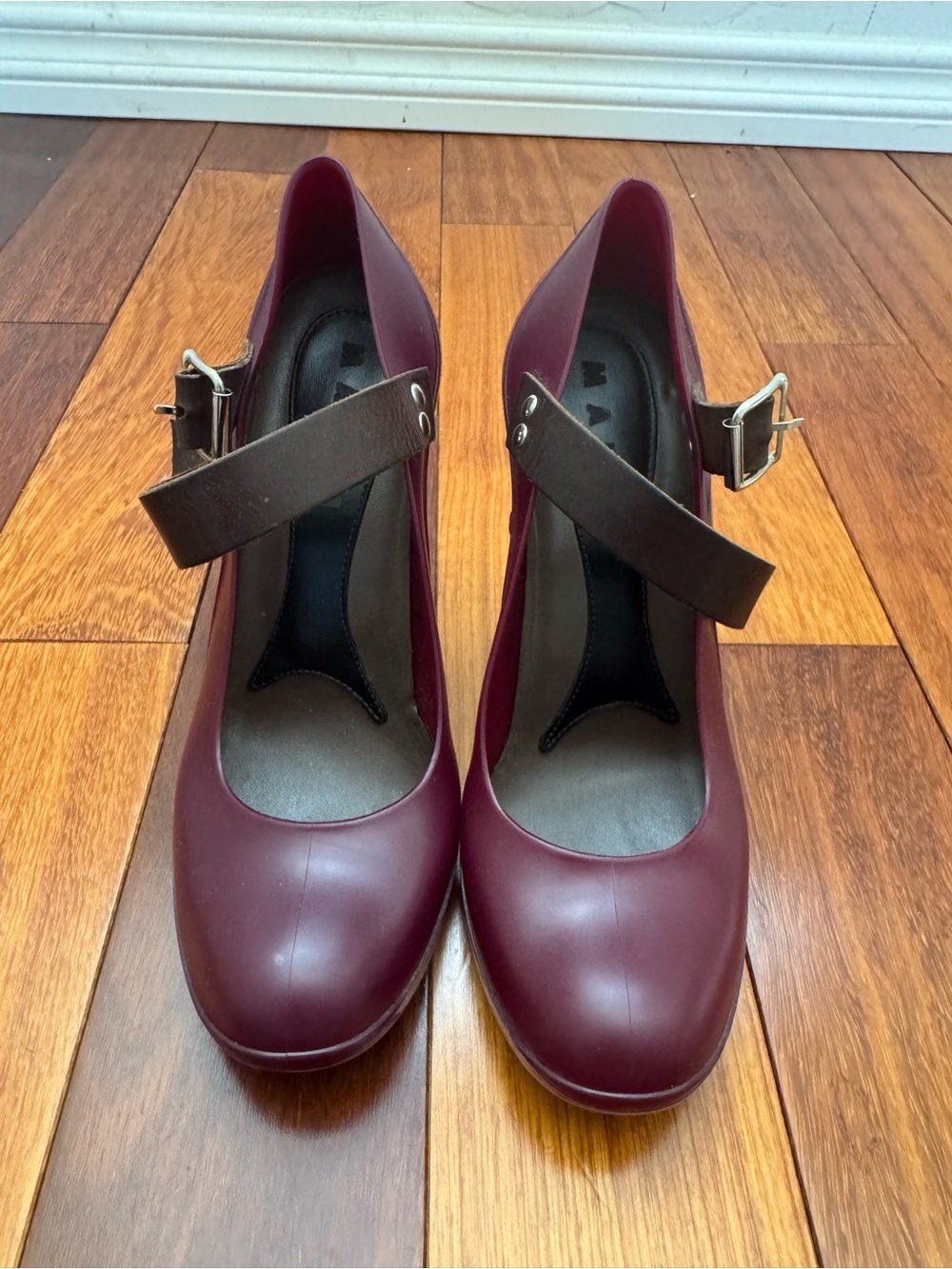 Marni Burgundy Mary Jane “Rain” Pumps with Brown Leather Buckle Strap